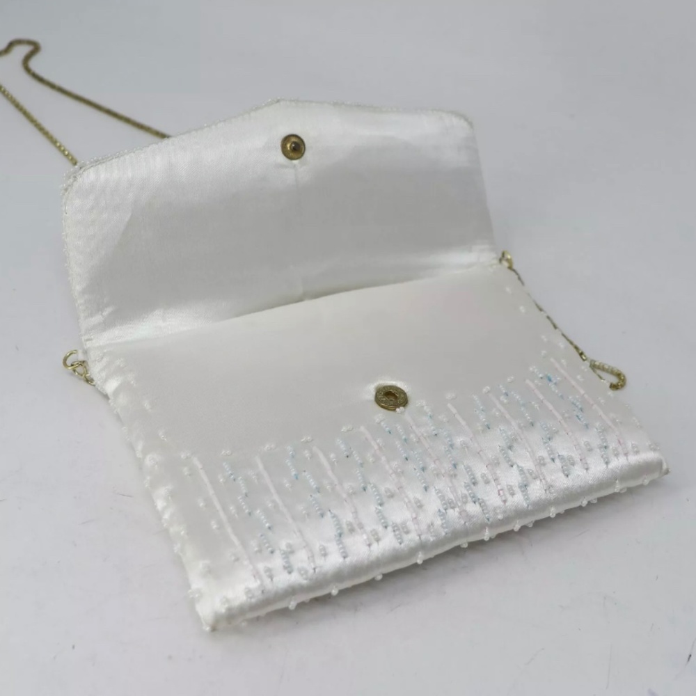 Vtg La Regale Handbag Purse Clutch White Satin Pink Blue Pastel Beaded Bag Chain